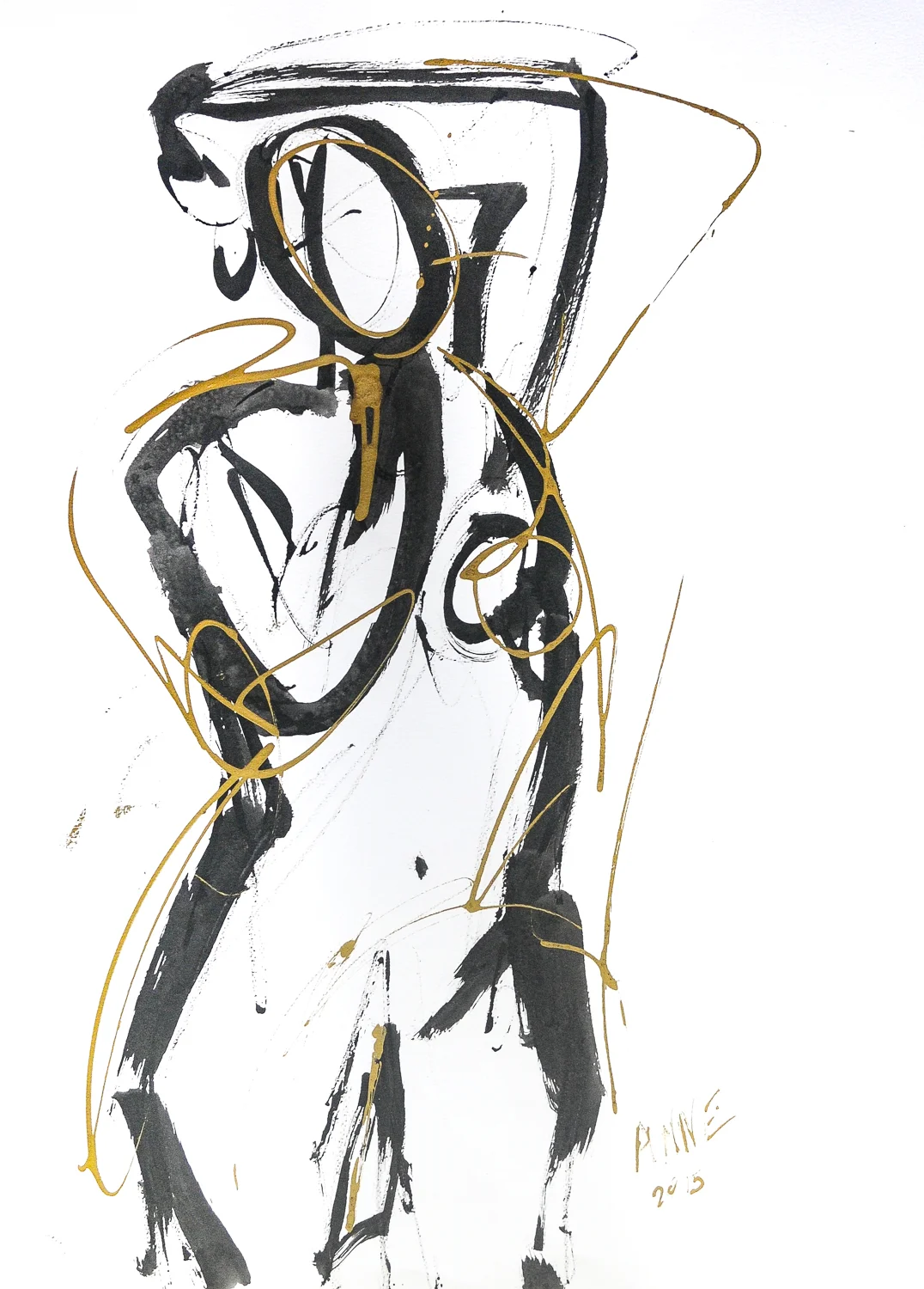 Figure in Black & Gold II | Ink & Gold Acrylic | 18 x 24"