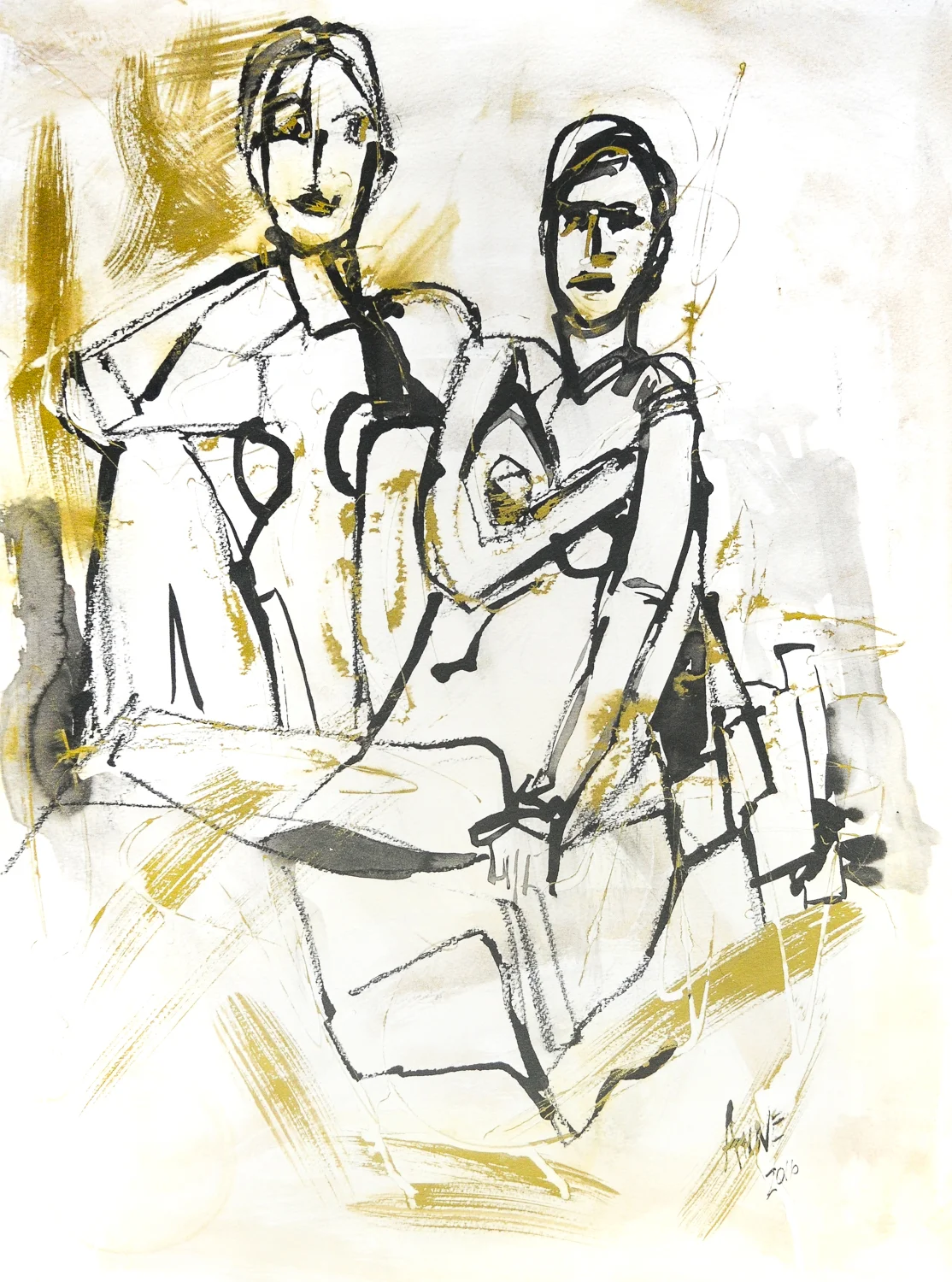 Seated Figures in Ink & Gold | Ink & Gold Acrylic on Paper | 18 x 24"