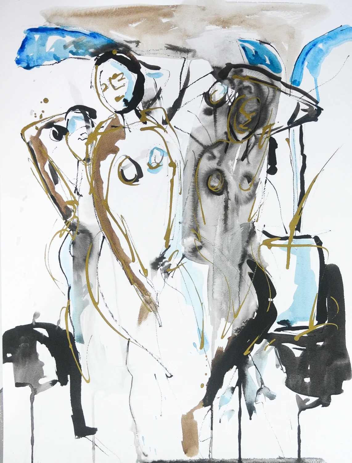 Figures In Blue | Ink, Watercolor & Gold Acrylic | 18x24"
