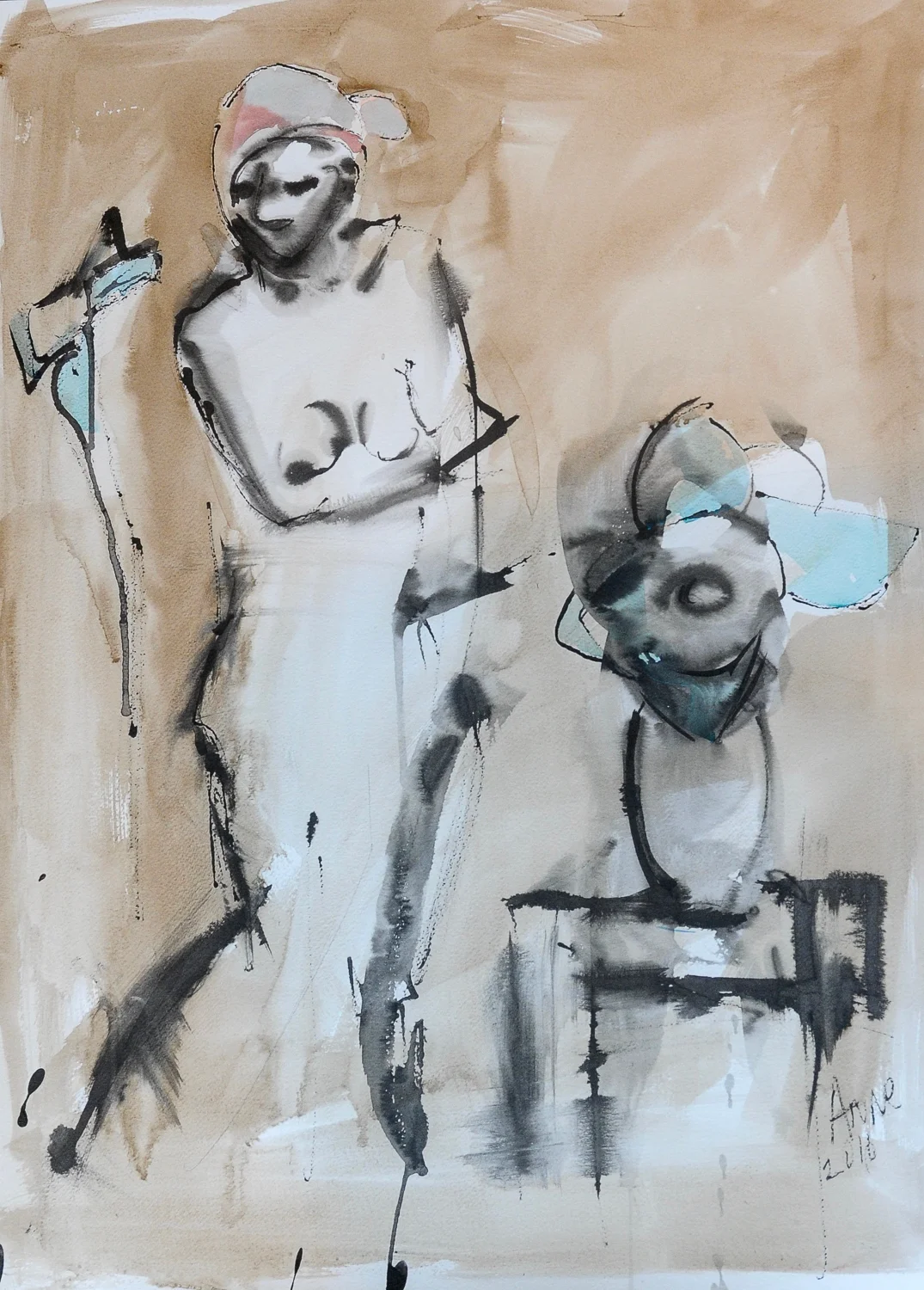 Figure with Blue Flowers | Walnut Ink & Watercolor | 18x24"