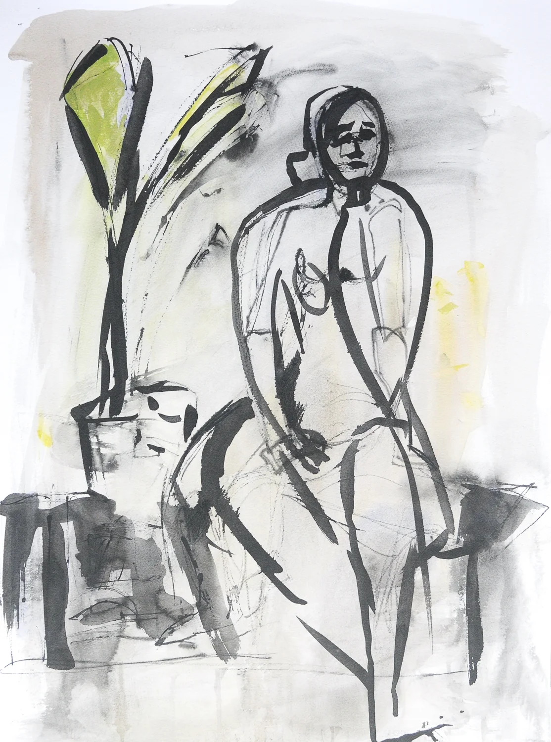 Sitting Figure with Palm | Ink & Watercolor on Paper | 18x24"