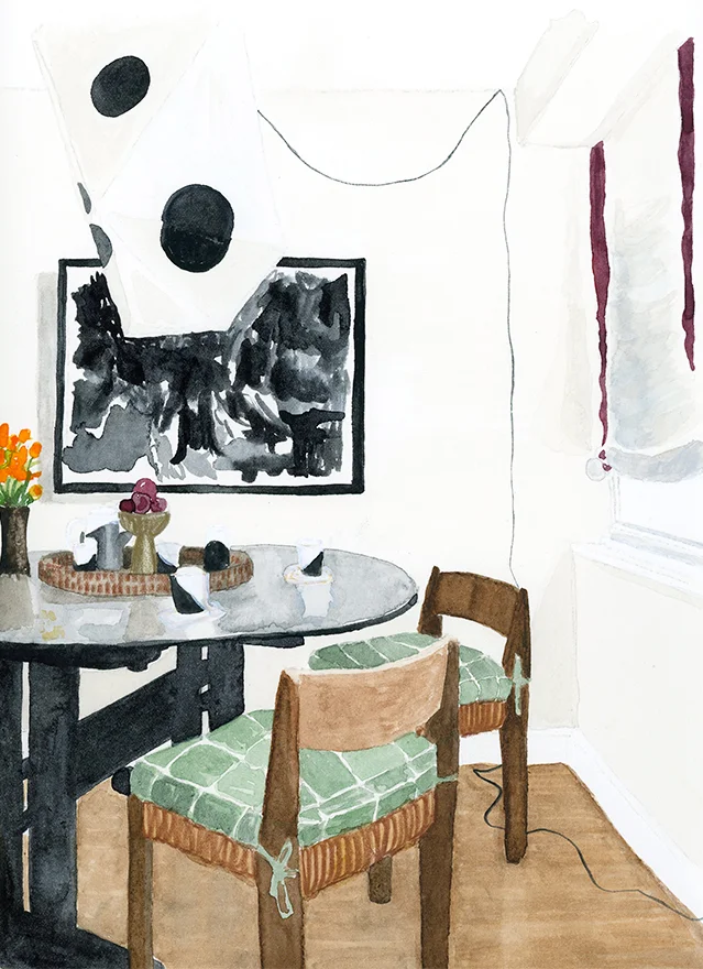 interior illustration of Zak Profera's dining room, as photographed in Domino Magazine - watercolor on paper, 8" x 10"
