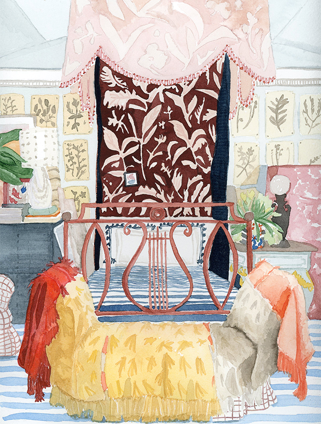 interior illustration of Matthias Vriens-McGrath's bedroom, as photographed in Architectural Digest - watercolor on paper, 8" x 10"