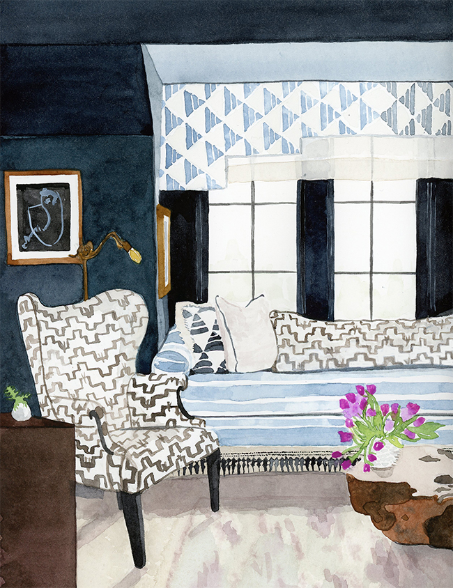interior illustration of Cloth & Kind's living room for the Atlanta Homes and Lifestyles' Home for the Holidays showhouse - watercolor on paper, 8" x 10"