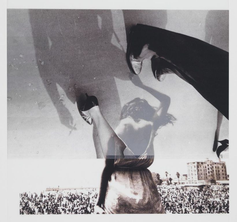   after Garry Winogrand, 1961 (New York) / after Dennis Stock, 1968 (Venice Beach)   18x21, 2 inkjet prints on mylar, constructed, one over the other, 2012  &nbsp; 