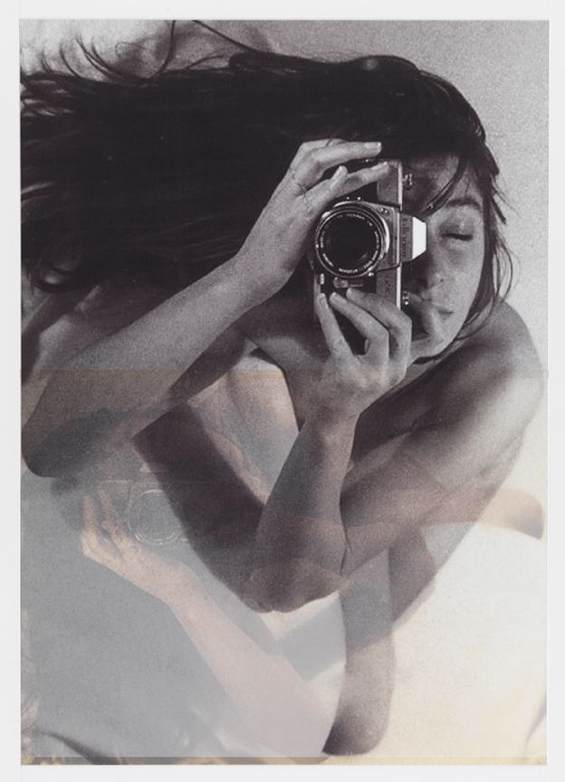   after Janice Guy, 1979.1 (self-portrait)    27x17,&nbsp;  2 inkjet prints on mylar, constructed, one over the other, 2012     