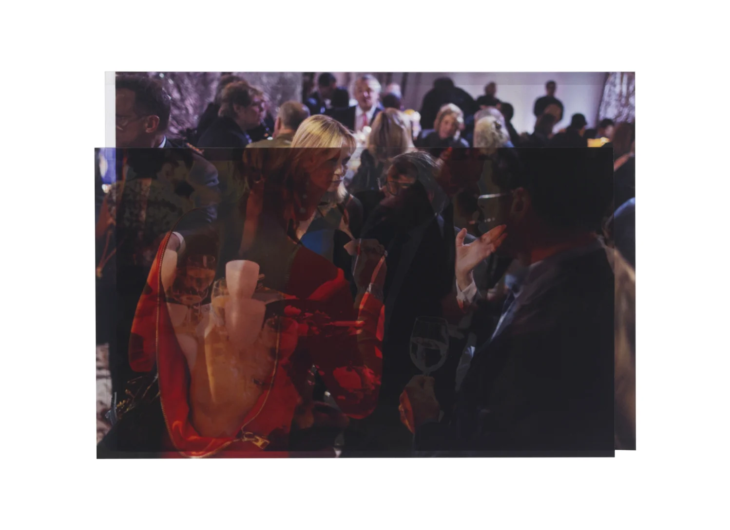 photographer unknown, 2012 (scene from Fashion Week, New York) / photographer unknown NYTs, April 2014 (Bob Colacello with Lise Evans at Whitney Museum's American Art Award dinner) 8 x 11 1/8, 2 inkjet prints on mylar, constructed, one over the other, 2015-16