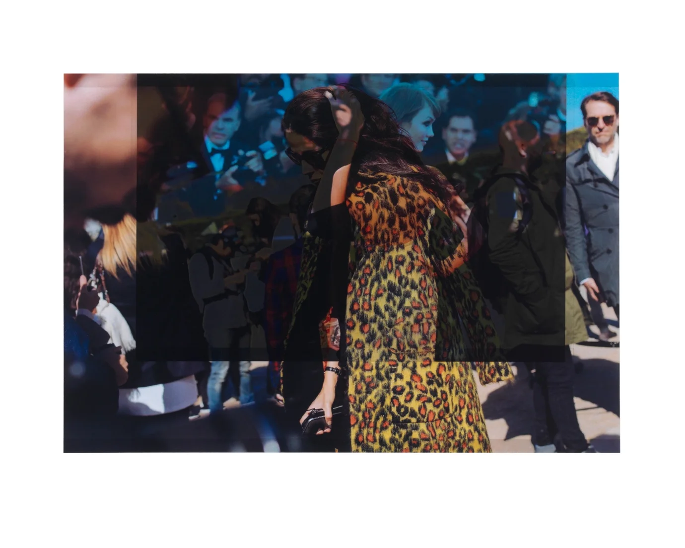 after Barbara Martelo, October 2015 (scene from Fashion Week, Paris) / from style.com, February 2014 (scene from Fashion Week, New York: what should Karlie Kloss do?) 9 1/4 x 10 3/4, 2 inkjet prints on mylar, constructed, one over the other, 2015-16