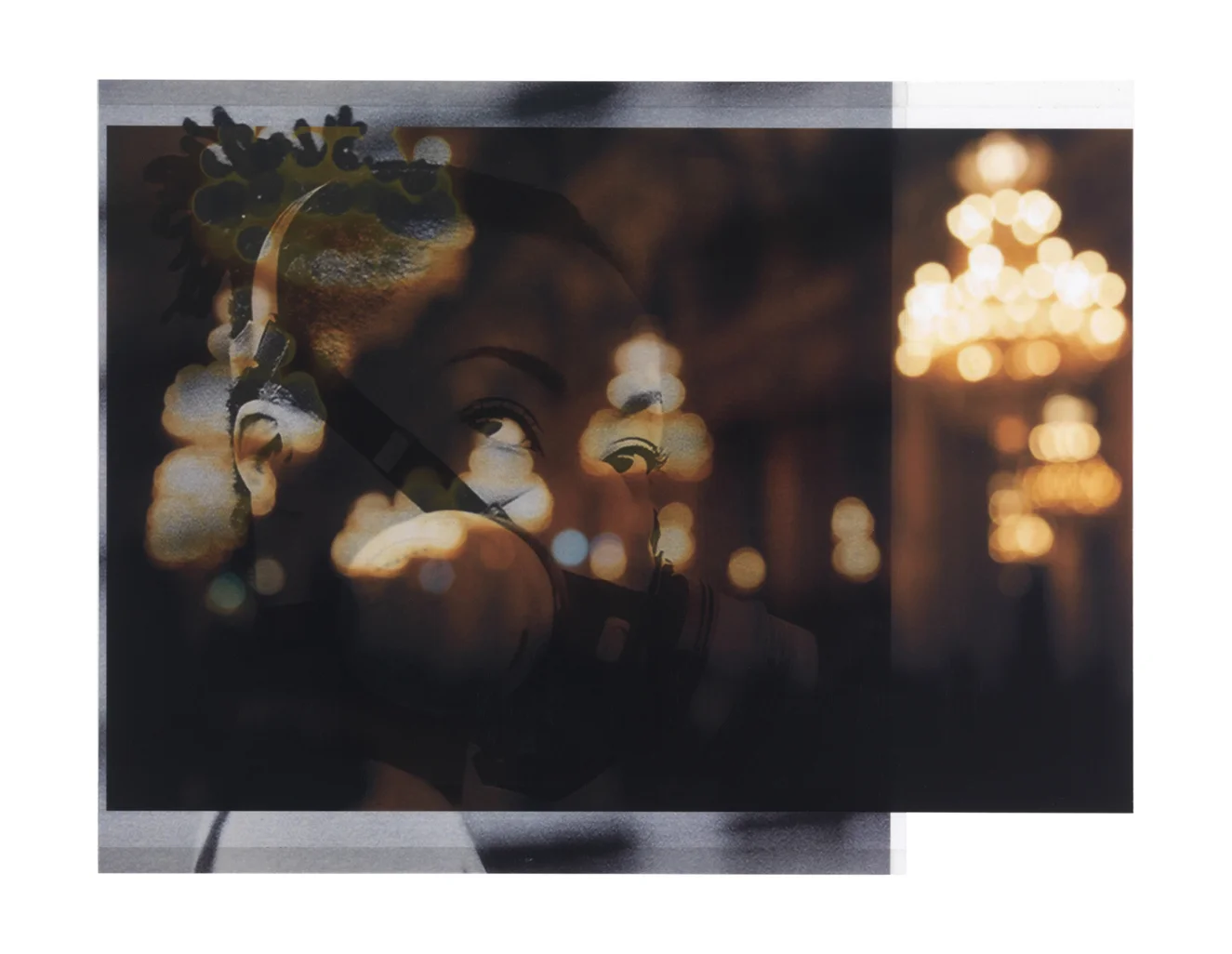 photographer unknown, 2013 (scene from Fashion Week, Paris) / photographer unknown NYTs, 2004 (model with gas mask) 8 1/4 x 10 3/4, 2 inkjet prints on mylar, constructed, one over the other, 2015-16