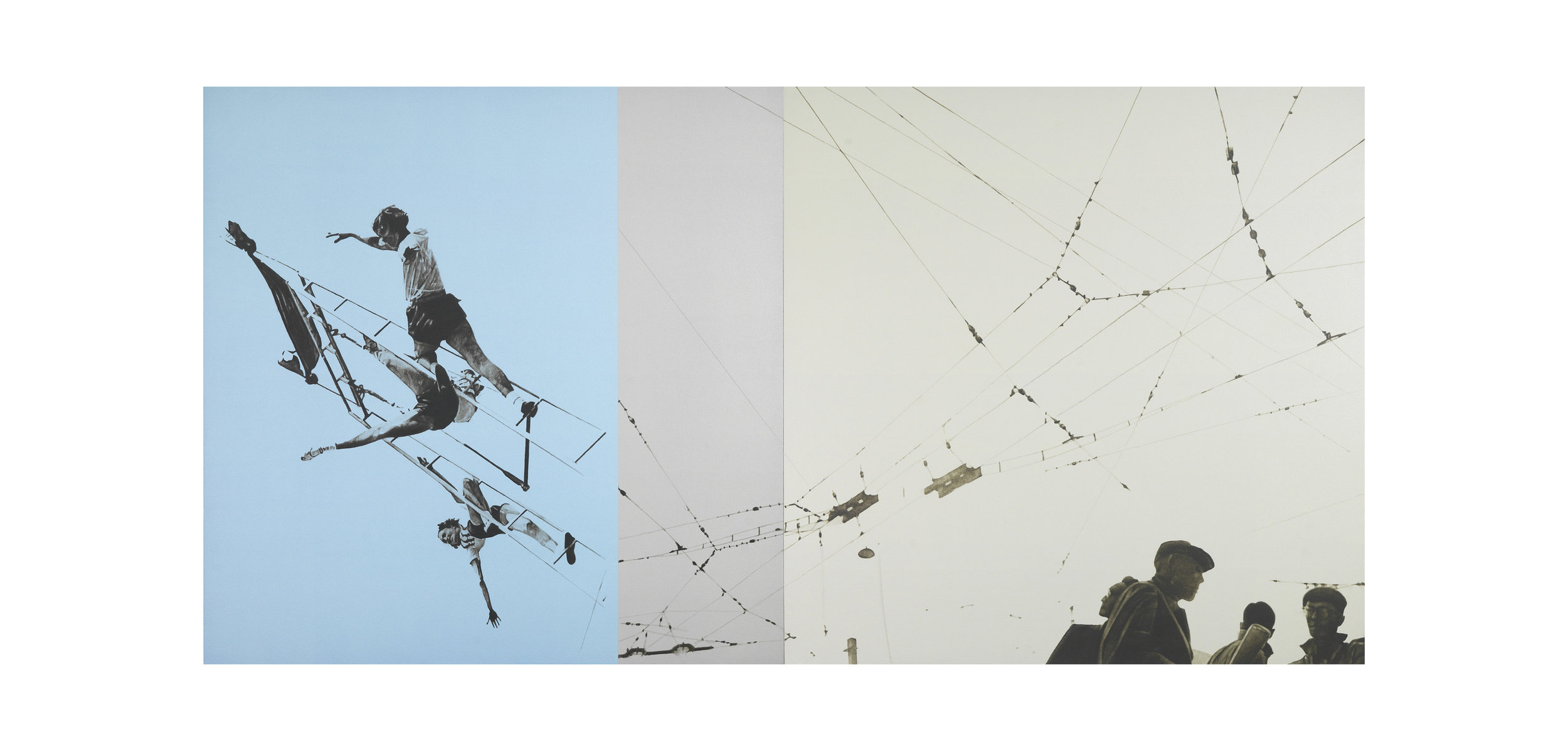   after Rodchenko, 1932 (Gymnastics) / after Tomatsu, 1964 (Electric Wires, Tokyo)   44 x 88 diptych, acrylic on canvas, 2006 