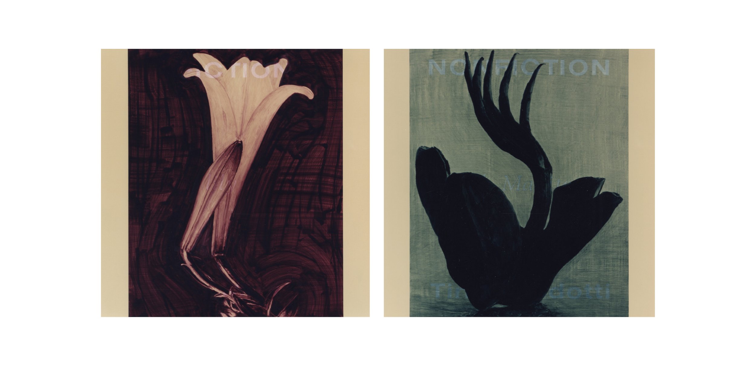   fiction / non-fiction  ( after Modotti,   Easter lily and bud / el Manito )  diptych, each 18 x 18, acrylic on MDF panels, 1994 