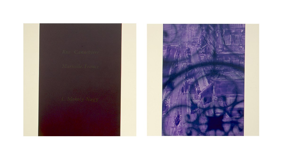   after Maholy-Nagy, nd, purple (Rue Cannebiere, Marseille)   diptych, each 24 x 24, acrylic on MDF, 1994 