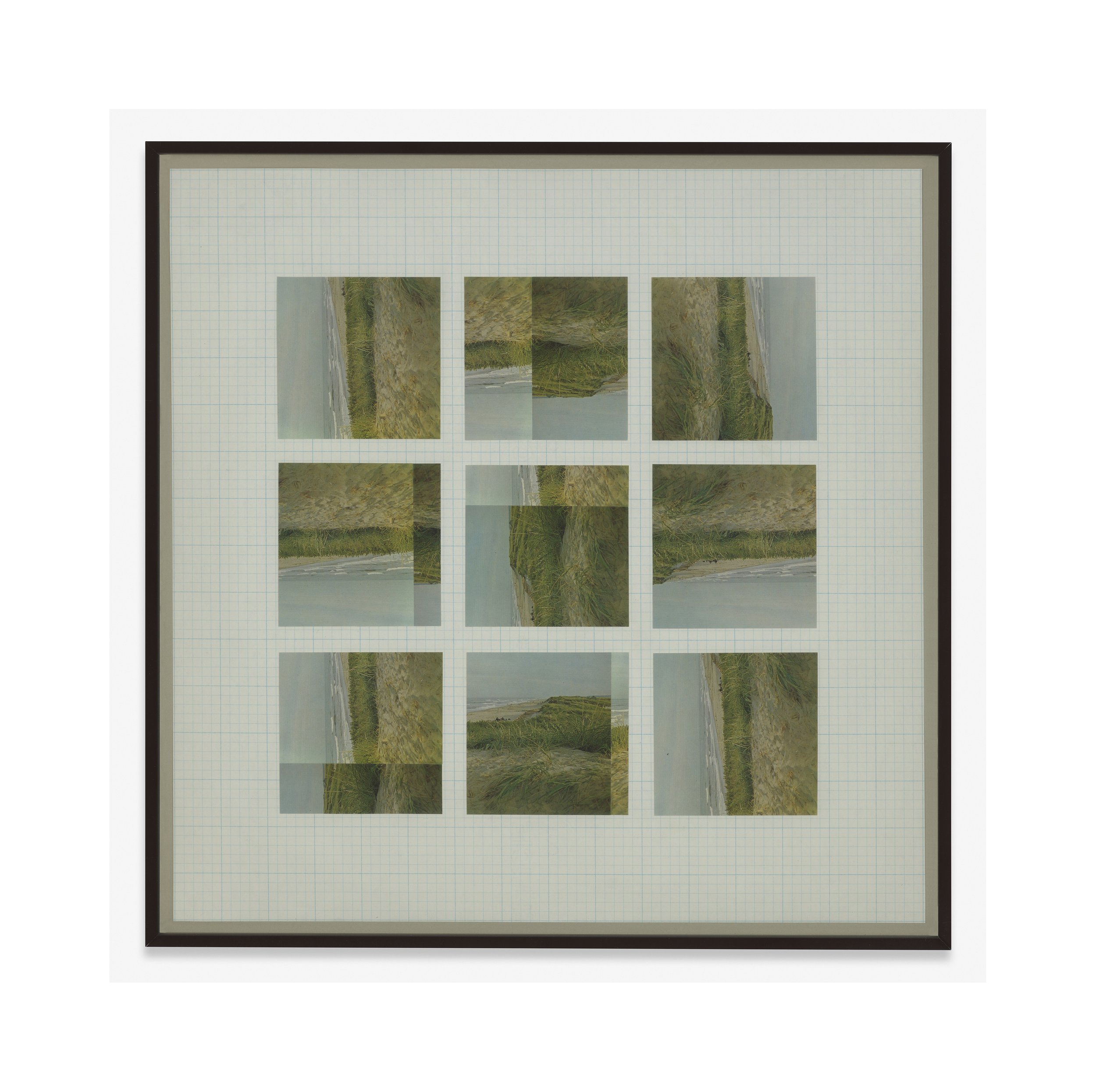   dunes/grass 1973, Provincetown   17 1/4 x 17 1/4 (framed), postcards on paper, 1973   