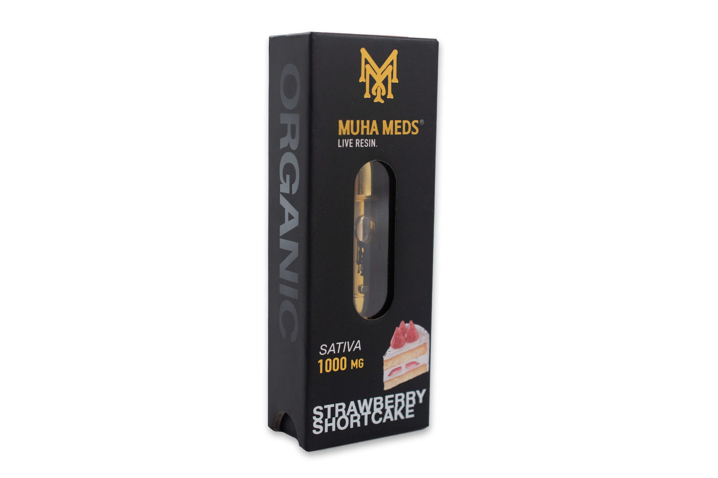 Muha Meds organic live resin vape cartridge packaging labeled "Strawberry Shortcake" with 1000 mg Sativa