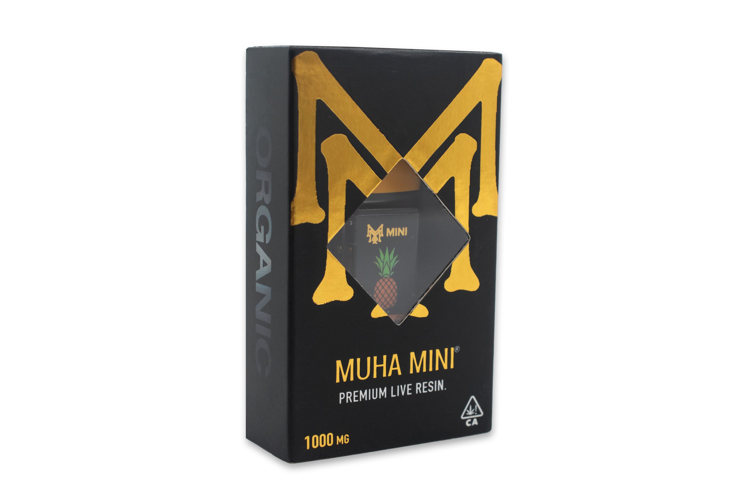 Muha Mini Premium Live Resin 1000mg packaging with gold logo and pineapple design.