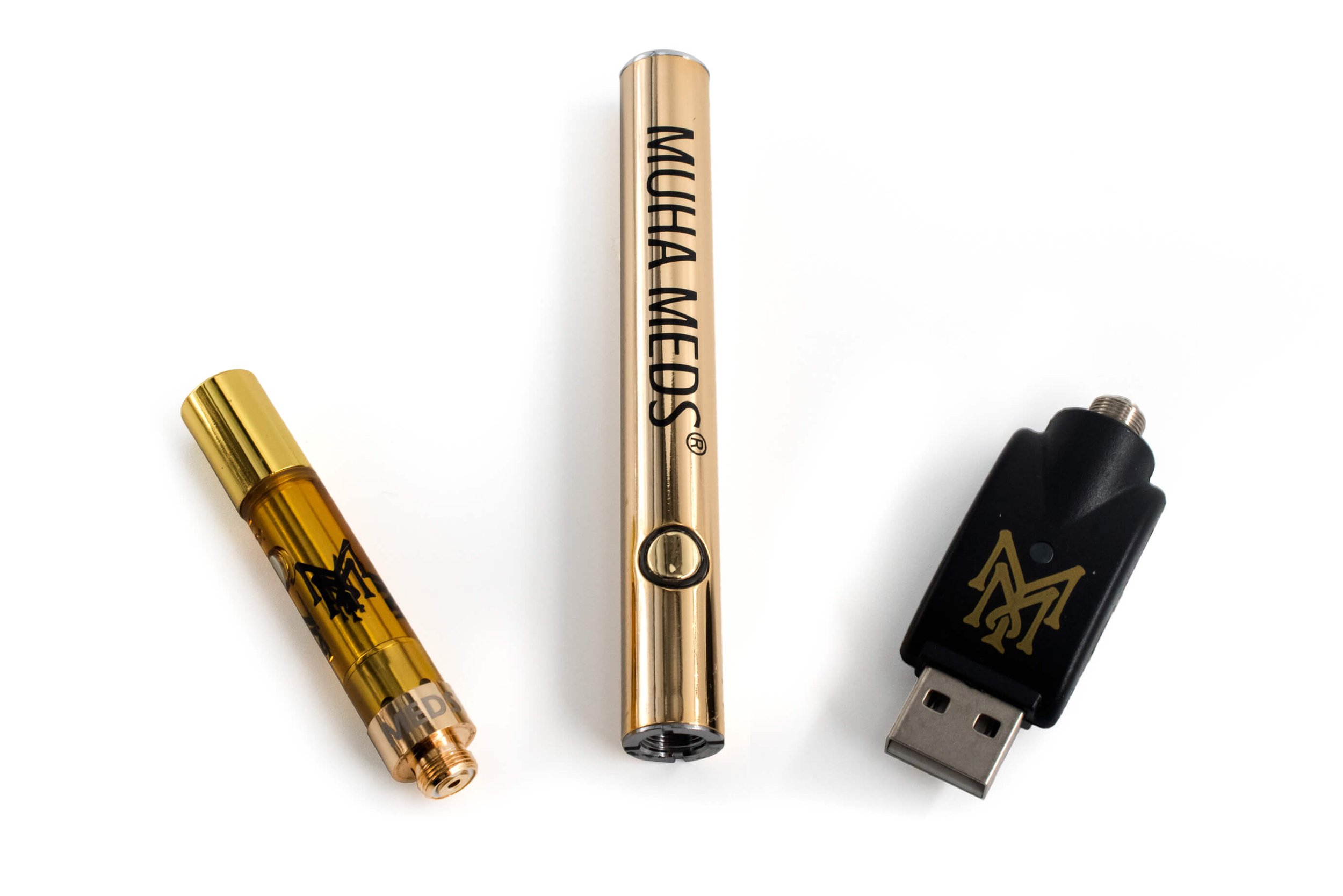 Vape pen components including a cartridge, battery, and USB charger, labeled "MUHA MEDS," on a white background.