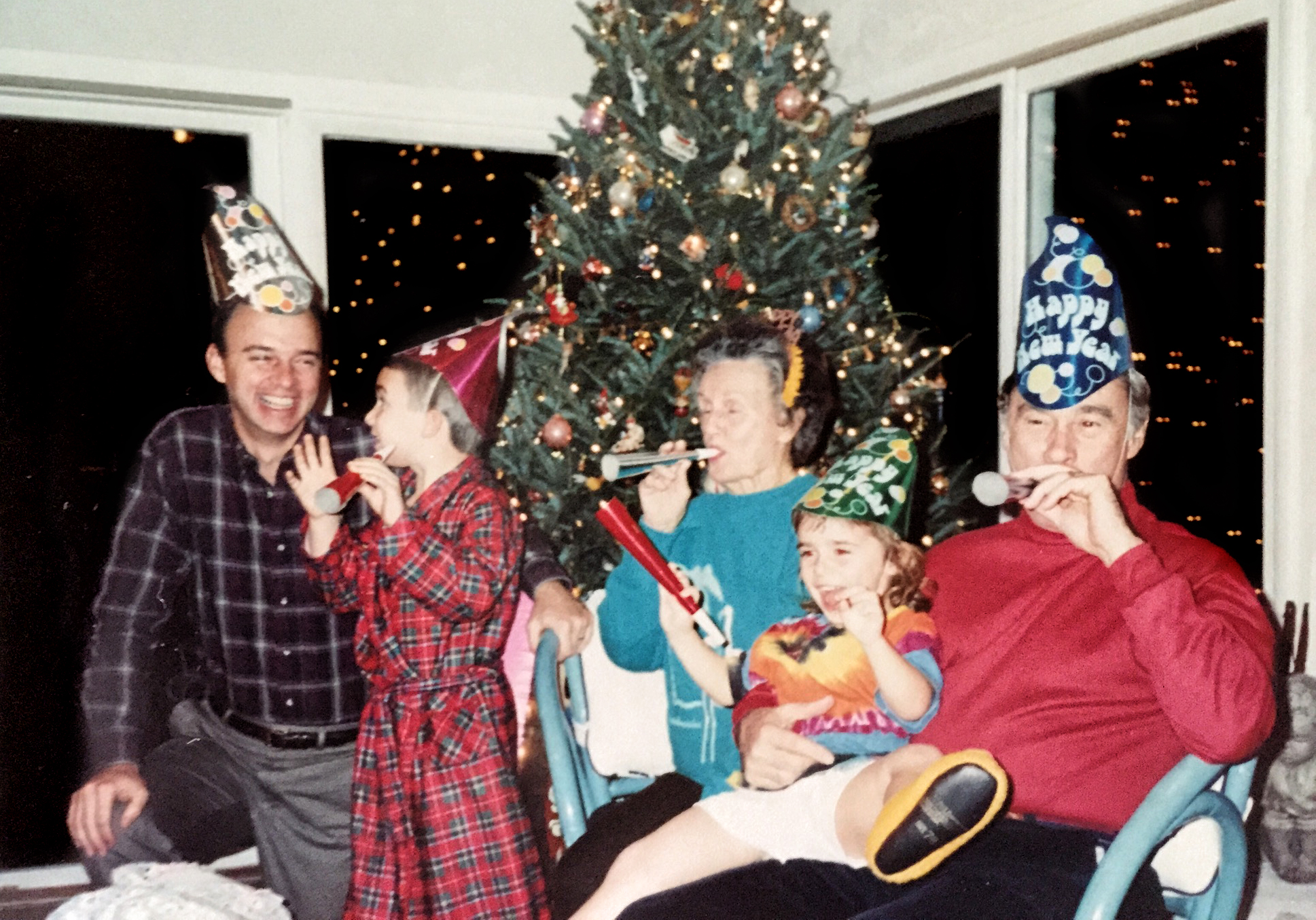 New Year's Eve 1991. From left: my dad (David), brother (John), great-grandmother (Nanny), me and my grandfather (Papou).
