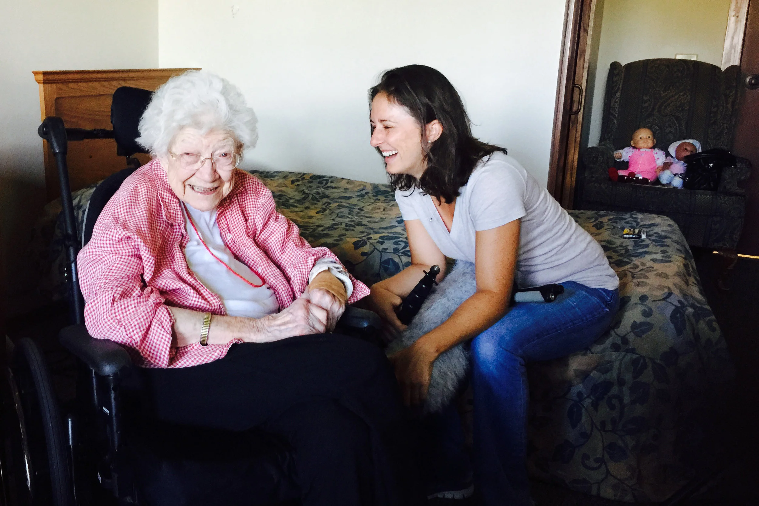 Sitting with Margaret Connealy in 2015. I had to sit close so she could hear the questions and she loved that the microphone cover was called a “dead cat.” Margaret was 107 at the time and passed away in 2016.