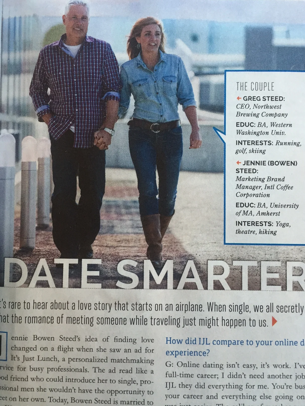 Awkward photos…Date smarter but necessarily walk that way… Take a look at this photo from an airplane magazine I was leafing through on my way home from teaching a recent needling seminar. I am not really interested in matchmaking (which this ad is for), but the “awkwardness” of the gait caught my eye (not much on the gait cam this time, sorry). Yes, their feet and legs seem to be in synch (for the most part), but take a look at the arms and hands. First of all, he has his right hand in his pocket, which will restrict its motion during forward movement of his left leg. In the shot, his right leg is forward (as is hers), though they are slightly out of synch. His left arm and hand don’t move forward that much in that he adducts it across his body, so he seems to move his left shoulder up and forward to compensate. She appears to be resisting this motion somewhat with her right arm as her right leg comes forward and she needs to lean her body to the right. Also note the increased abduction of her left arm and forearm as it extends in tandem with her left leg and thigh. Try walking with your right arm moving forward with your right leg. Notice how your right shoulder resists moving forward in tandem with the right hip? This is phasic, as Dr Allen likes to say, and because there is not an opposite force to counteract the forward movement of the hip in the saggital plane, you often lean to move the center of gravity to that side in the coronal plane . Wouldn’t it make slightly more sense, when walking hand in hand to have the opposite legs in synch, rather the same ones? Hmm…Food for thought and fodder. All that from a little picture : )