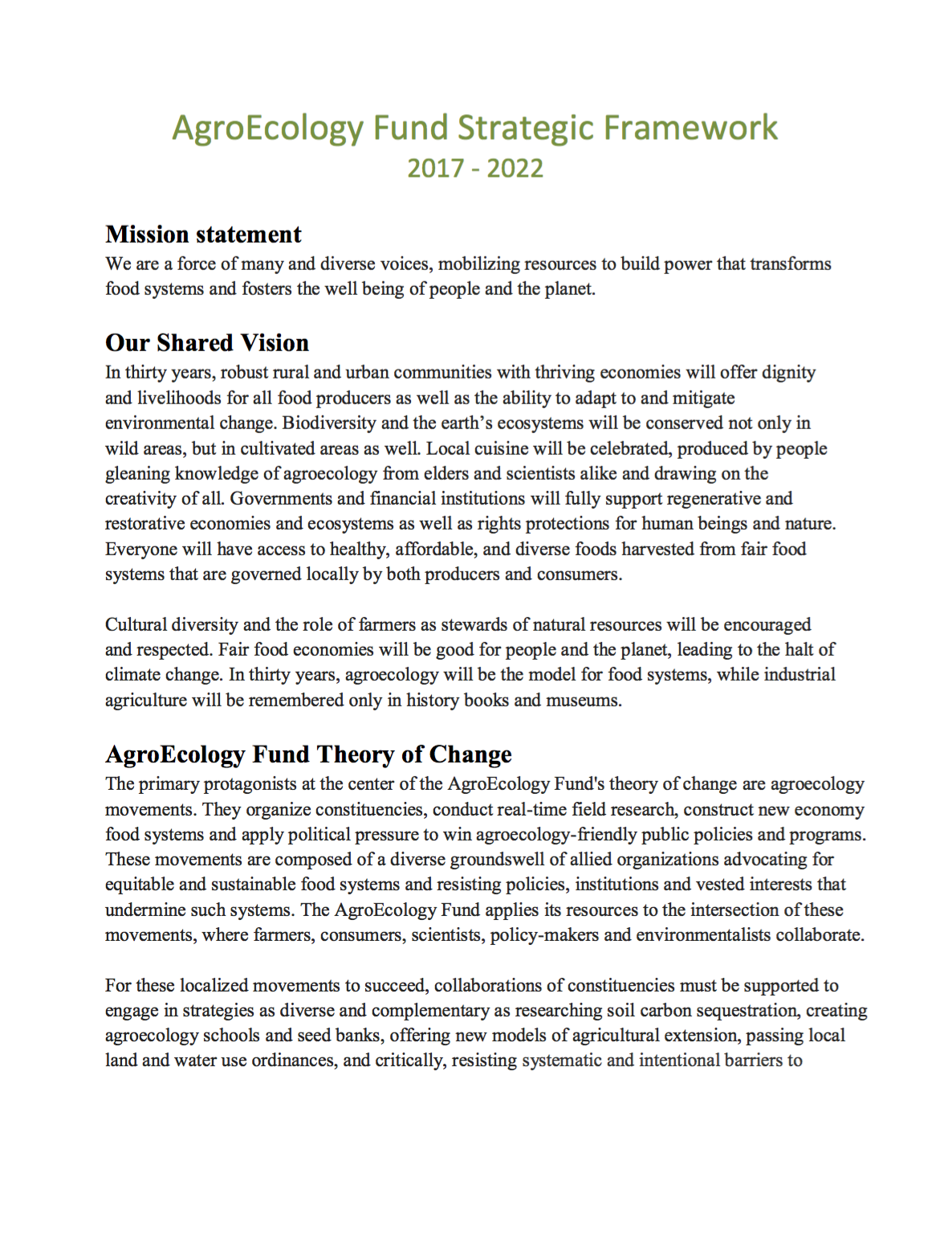 Agroecology Fund Strategic Framework, 2017-22