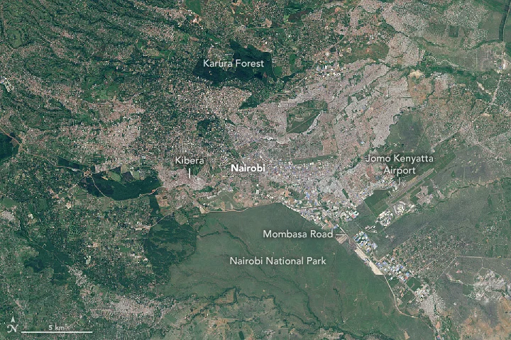Nairobi is a prime example of urban migration, with its population pushing upward and its boundaries pushing outward. Credit: NASA Earth Observatory