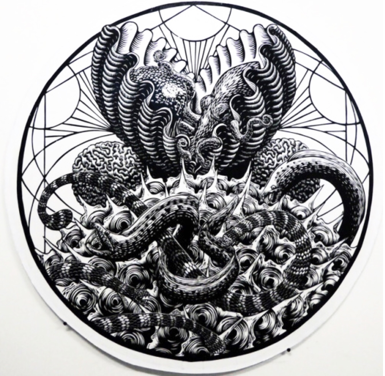 Roger Peet. Pictured: Polysemy. Block print on Panel, 36x36." toosphexy.com