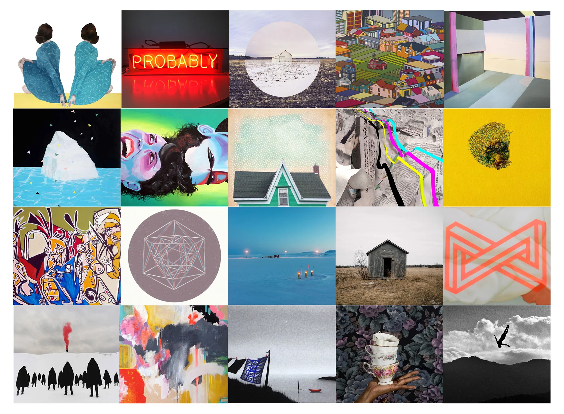From left to right / De gauche à droite : ROW 1 - “Girls in Blue Dresses” Marina Nazarova, “Probably” Nathalie Quagliotto, “Hiver/Été Champs” Carl Antonyn Dufault, “Holdout” Miyoshi Kondo, “Air 2” Laurent Palardy; ROW 2 - “Night Magic” Rebecca Chaperon, “The Universe Played a Trick on Me” Cori Jaye Elston, “Not Enough Room to Swing a Cat” Jane Rovers, “Contact Strip” Purdy Tong, “Neuronervendings” Glenna Tissenbaum; ROW 3 - “Inside the longhouse” Gina Brooks, “Item 357 Yorodeo” Paul Hammond & Seth Smith, “Runway” Thomas Kneubühler, “Dead” David McTavish, “Yoga Nidrasana” Iskuhi Avagyan; ROW 4 - “Sigil” Sean Mundy, “Happy Chaos” Zepol, “Forgotten Laundry” Natasha Miller, “Untitled P8 Prefix” Farihah Shah, “Sky Dive” Neil Barbisan