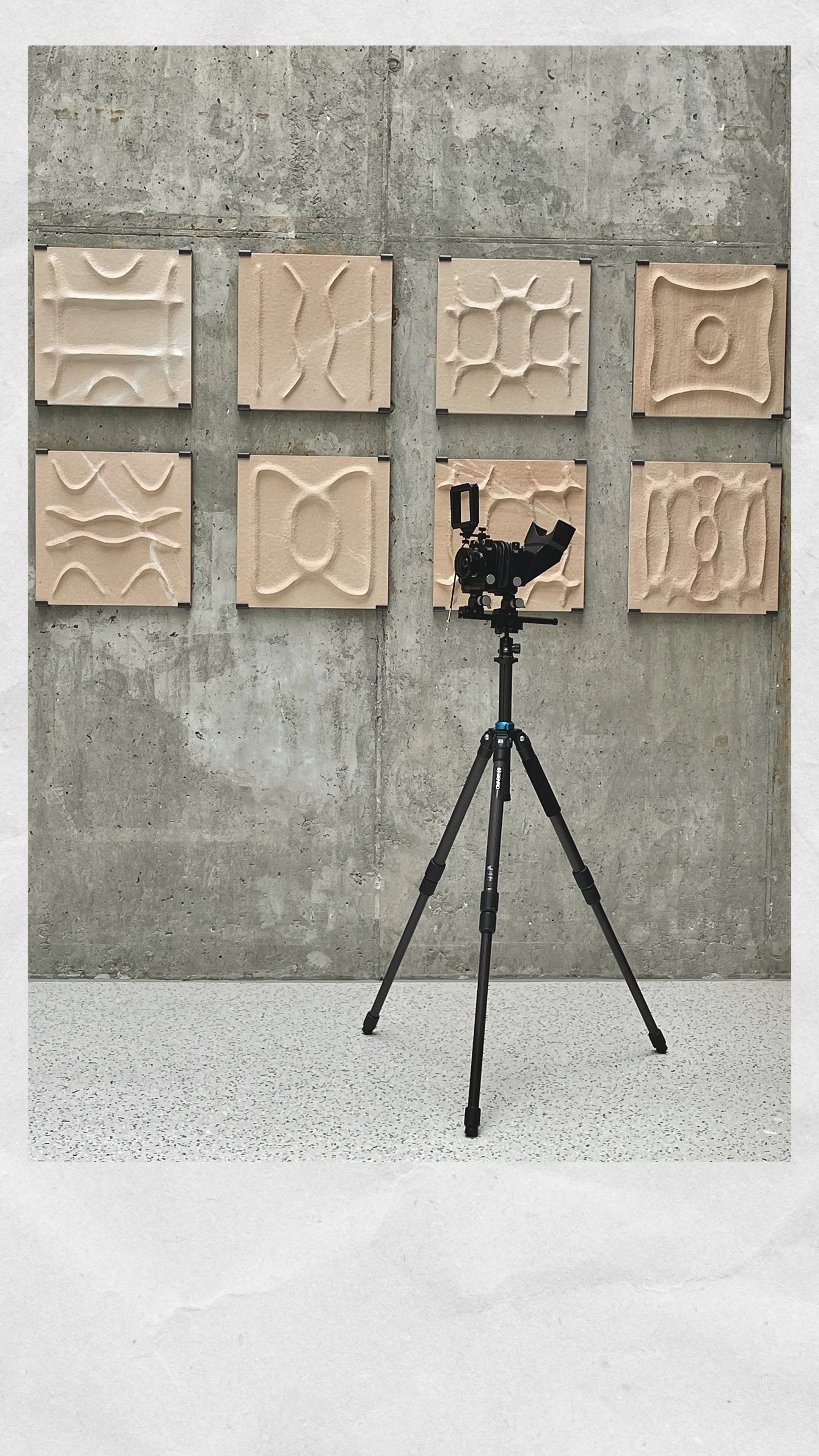 Arca swiss kamera står oppstilt mot betong vegg med kunst på veggen. Bildet er fra interiøret i Bergen inkluderingsenter på Landås i Bergen. Arkitekt bak bygget er HLM og 3RW arkitekter.