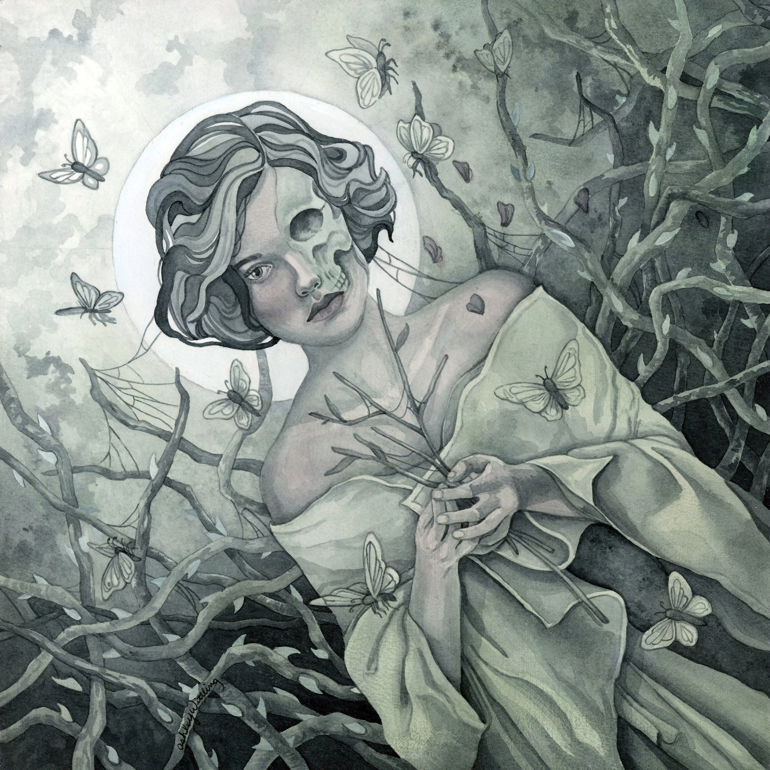 My newest work 💀 &ldquo;Echoes of the Departed&rdquo; is my version of the death tarot card. This painting was initially inspired by the radium girls and their tragic fates. I considered leaving the final as a monochromatic painting, but in the end 