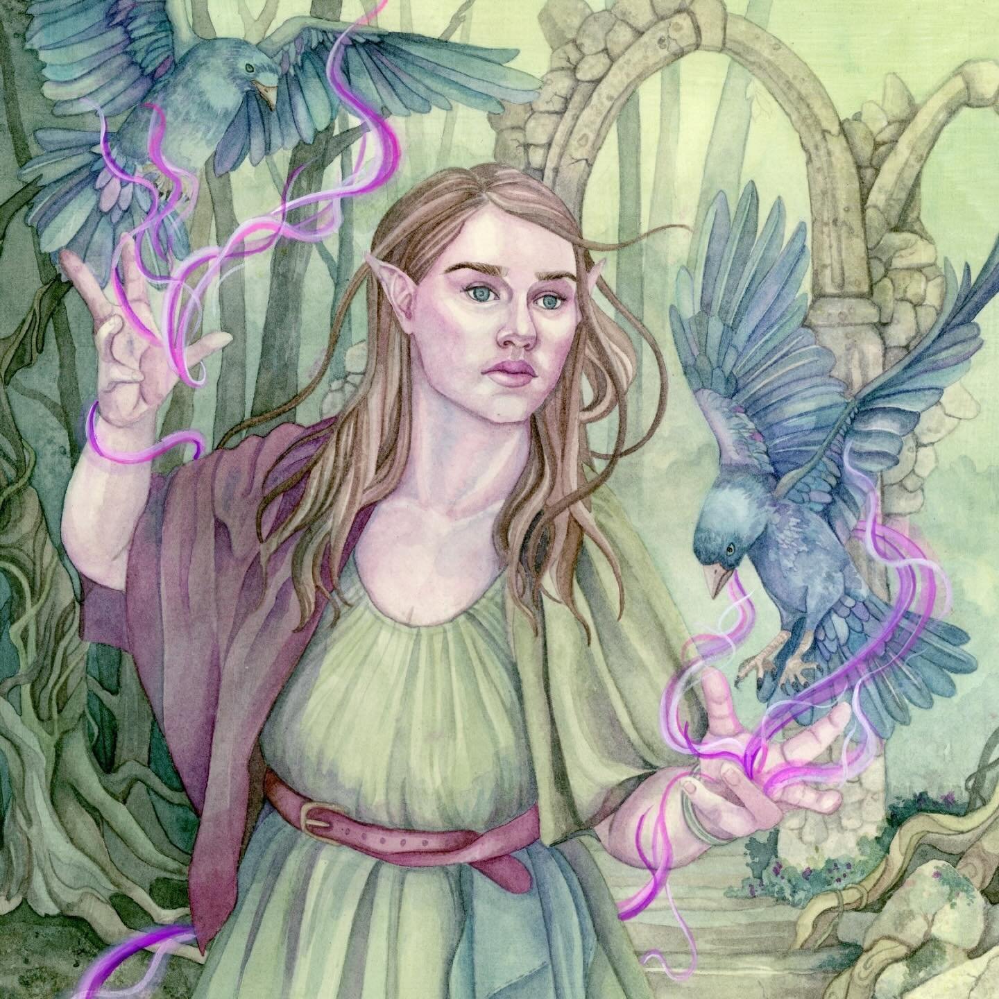 Here is a look back at &ldquo;Call of the Messengers&rdquo; 🐦&zwj;⬛ 🔮 a watercolor illustration done for  a group show called &ldquo;Between Spellbook Pages&rdquo;✨This theme really helped me branch out and create an illustration that I&rsquo;m sti