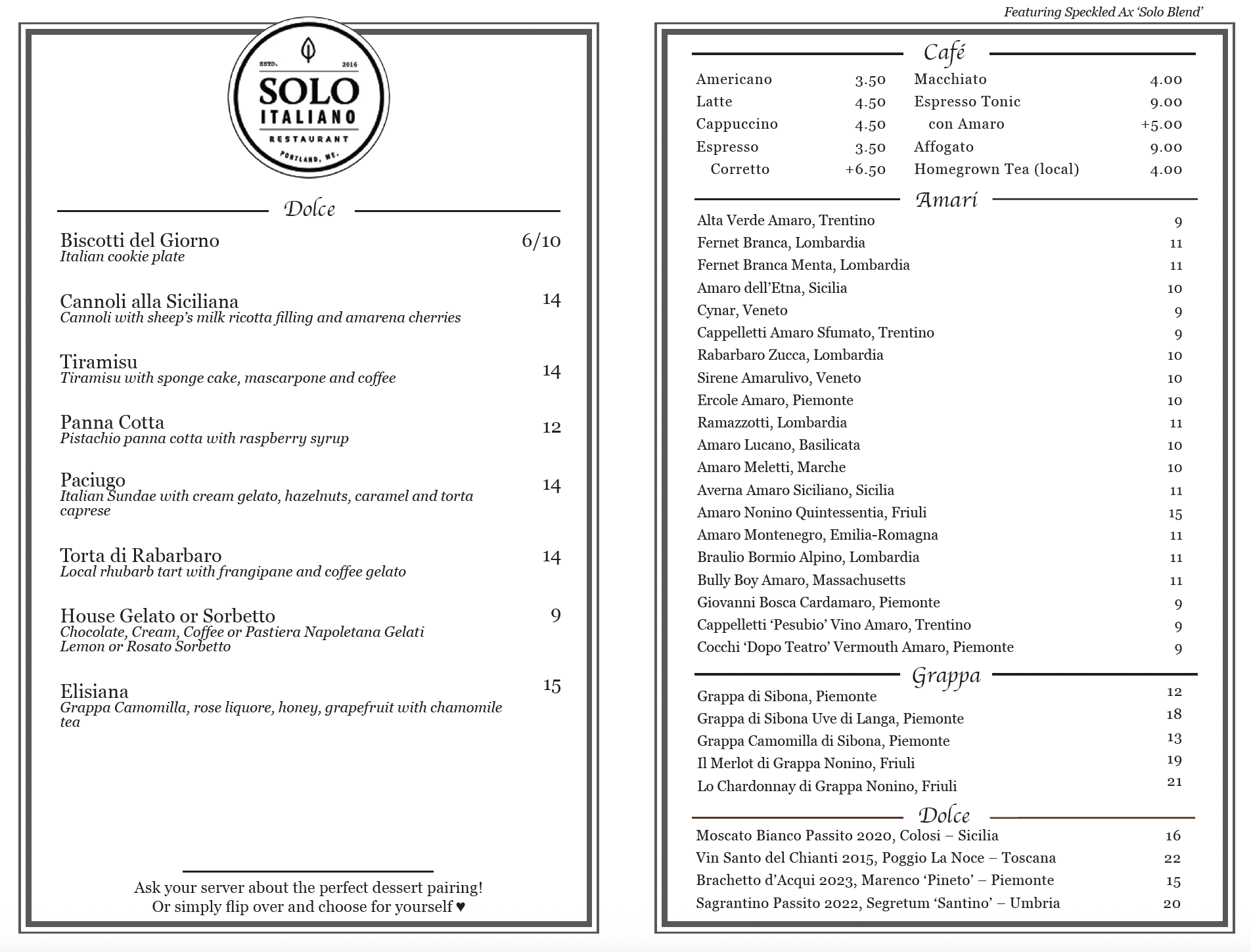 Sample Dessert Menu