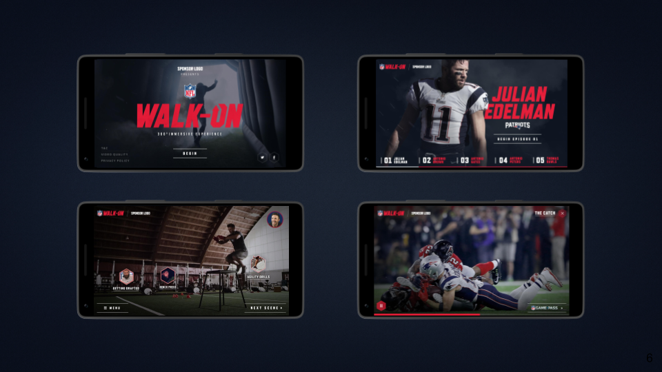  The NFL was looking to create a 1st-person look at what it’s like to go from a roster long shot to a big shot on an NFL team. I lead the product group that was responsible for concepting and prototyping an immersive 360º experience, brought to life 