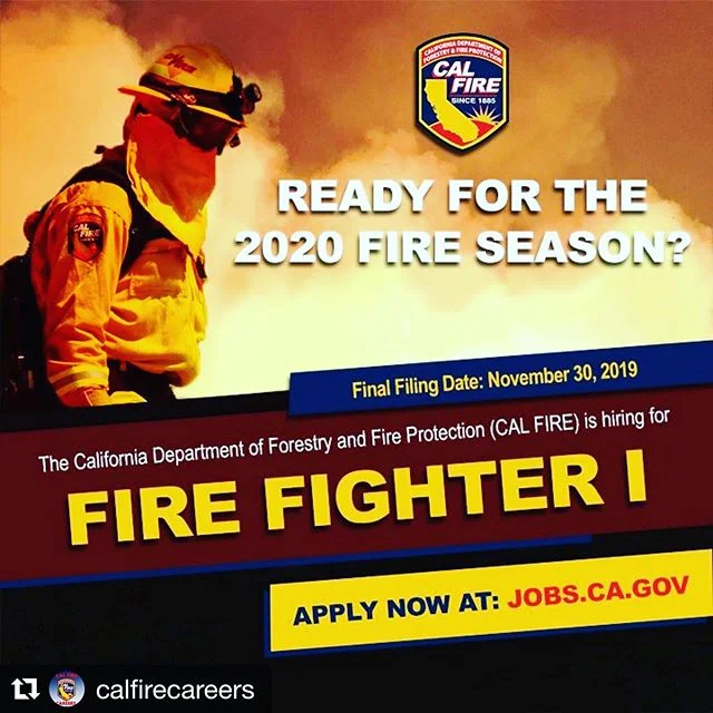 #Repost @calfirecareers ・・・
Are you ready to join CAL FIRE for the 2020 fire season? From November 1 until November 30 of 2019, applications for our Fire Fighter I are being accepted statewide! Serve and protect the people while safeguard the resourc