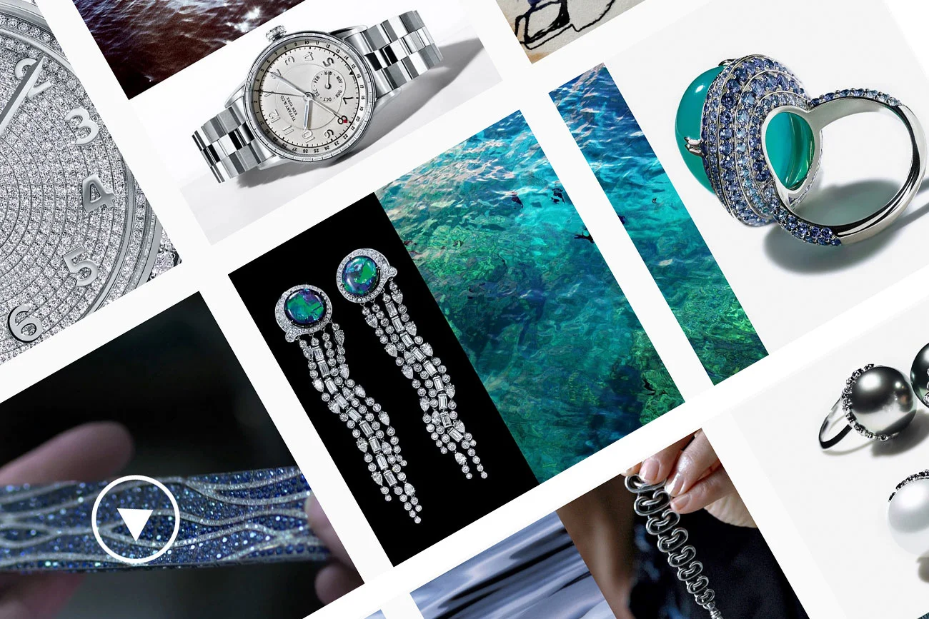 Collage of jewelry and watches, including a diamond-studded watch, pearl earrings, a turquoise ring, a chain, and a reflective surface with aquatic colors.