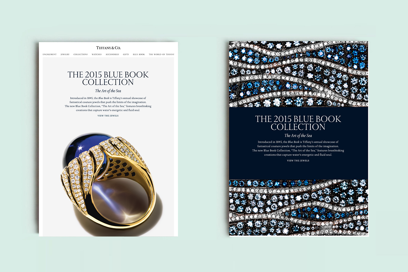 Two digital pages of Tiffany & Co.'s 2015 Blue Book Collection, one featuring a diamond and gold ring and the other with a blue and black patterned background.