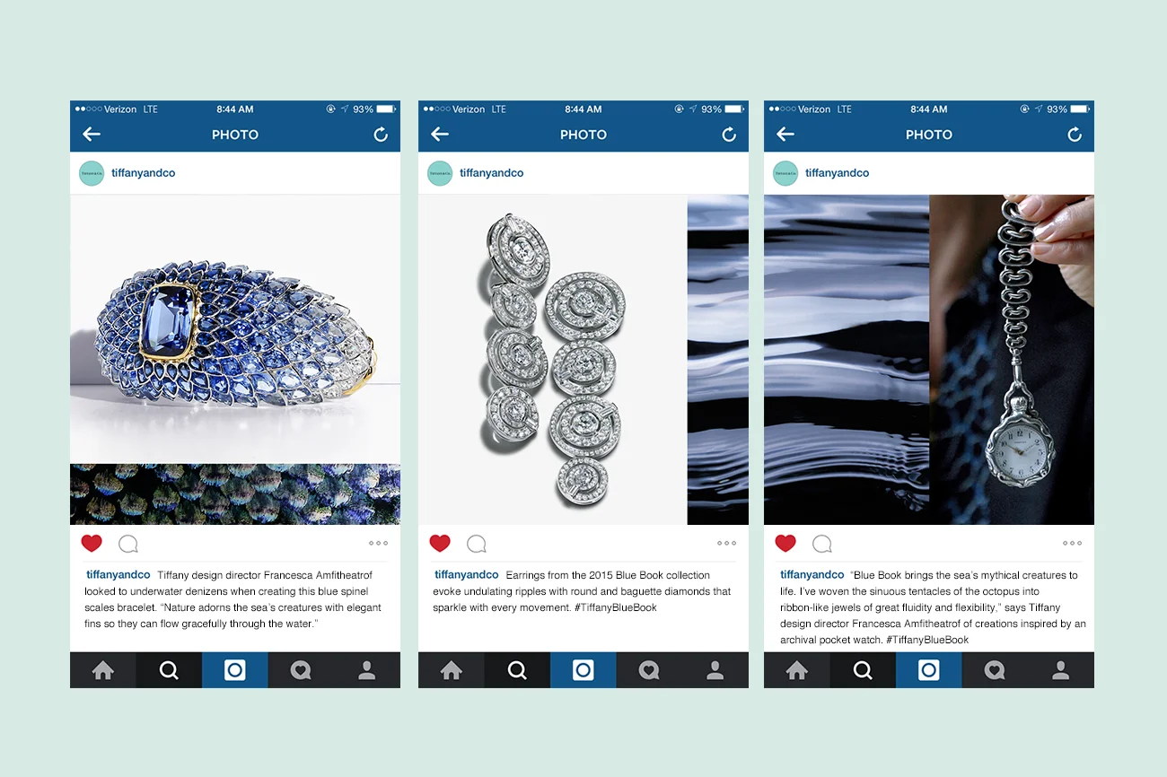 Three smartphone screens showing jewelry and a watch on social media. The first features a blue and white jeweled bracelet, the second displays diamond earrings, and the third shows a pocket watch with a chain.