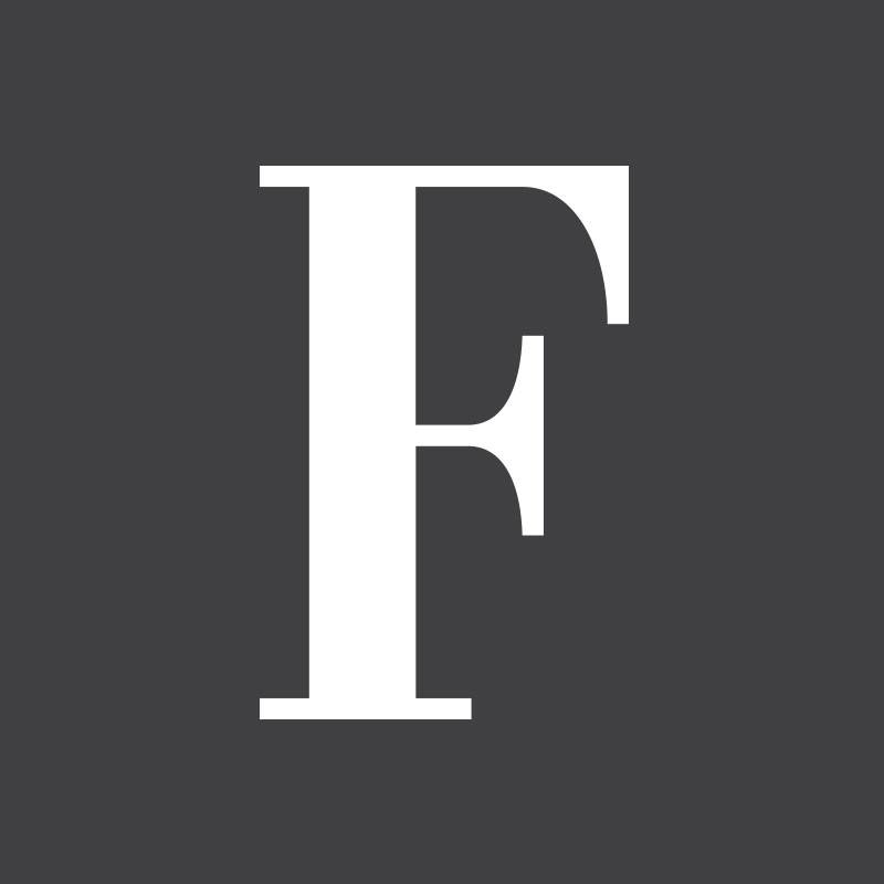 A large white serif letter 'F' on a dark gray background.