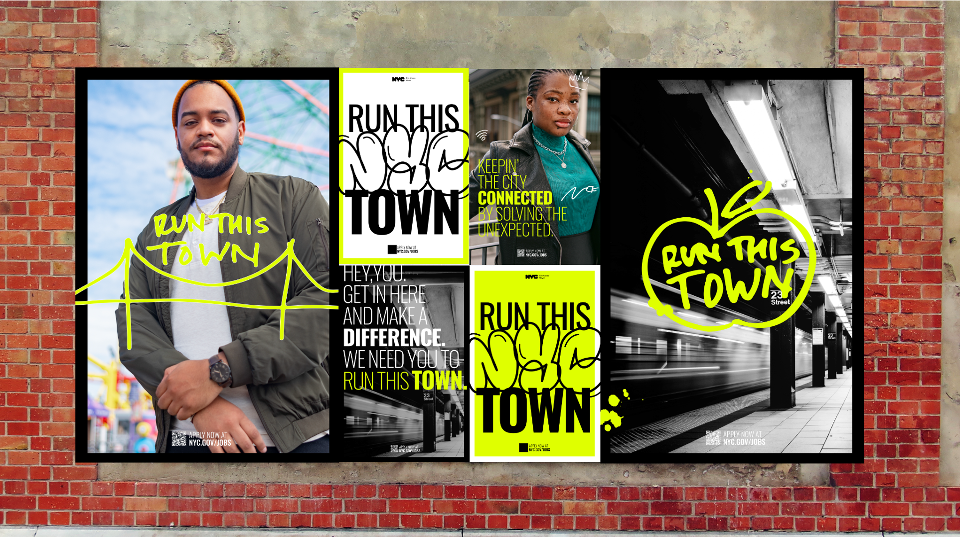 A city subway station at 23rd Street with a moving train, brick walls, and advertising posters promoting NYC jobs with the slogan 'Run This Town' and images of diverse individuals.