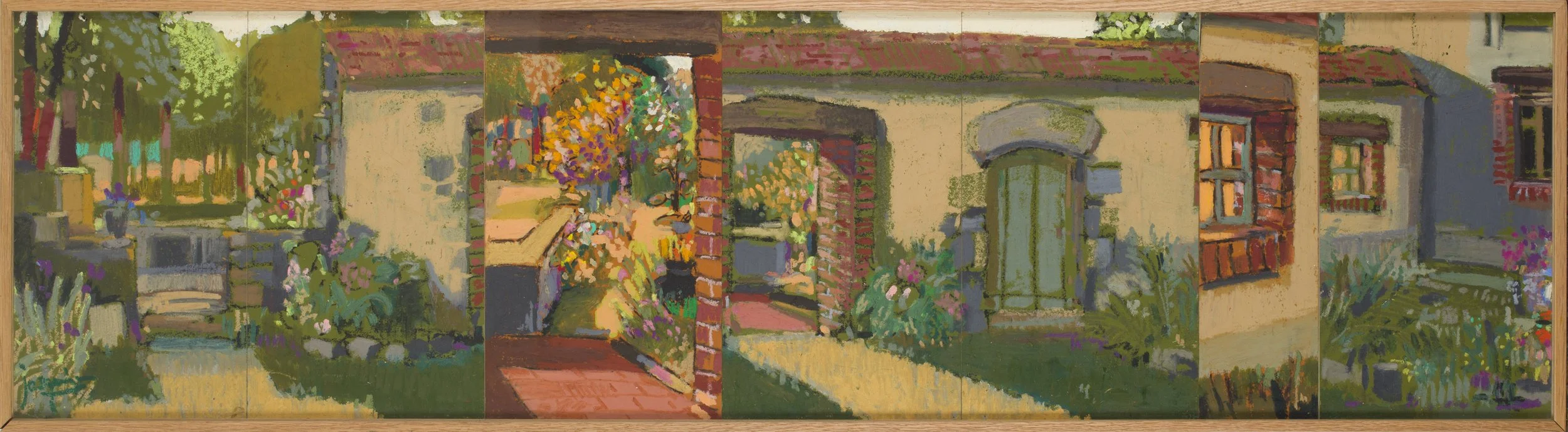 9455_The Well Garden. Oil pastel on board. Polyptych. 14x 51". (35x130cm)