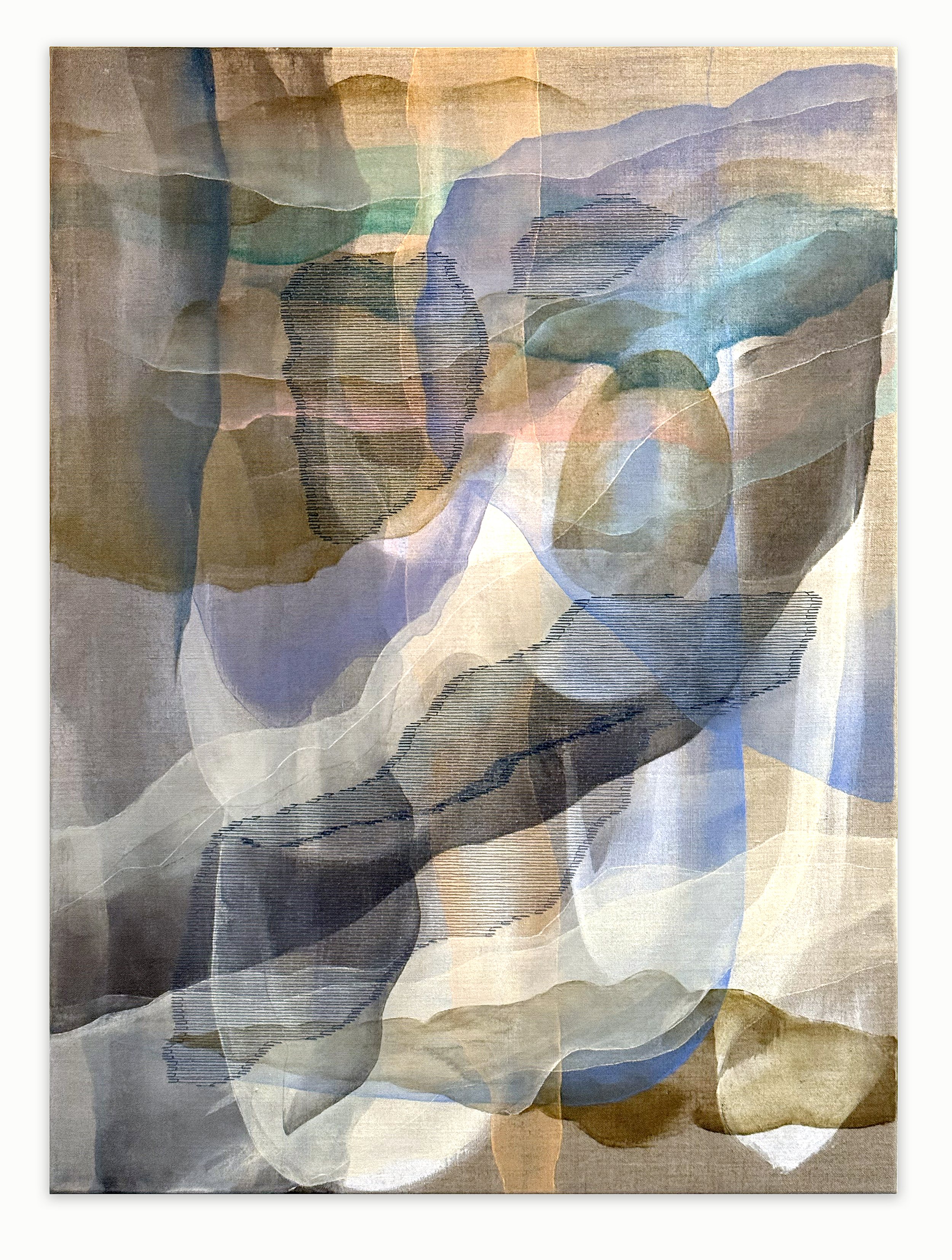 Nebulous Silhouettes (2026). Acrylic &amp; hand-embroidered silk thread on linen, 39.5x29"