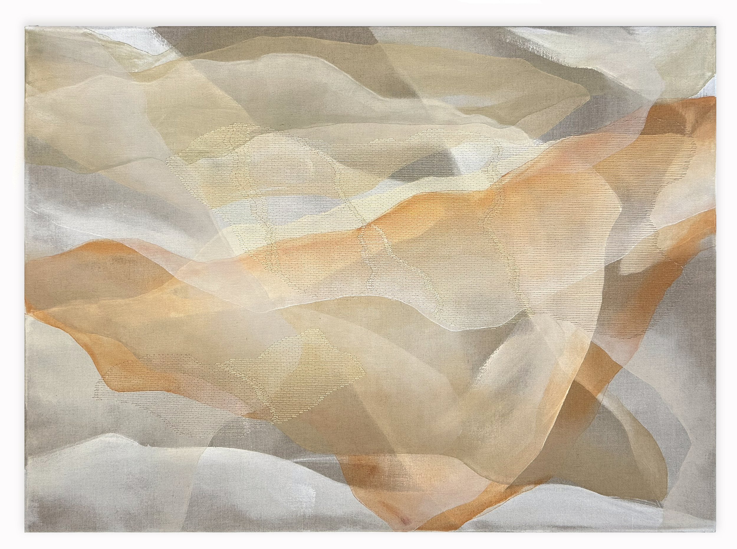 The White Rocks (2026). Acrylic on linen canvas, hand-embroidered silk thread, 39.5 x29"