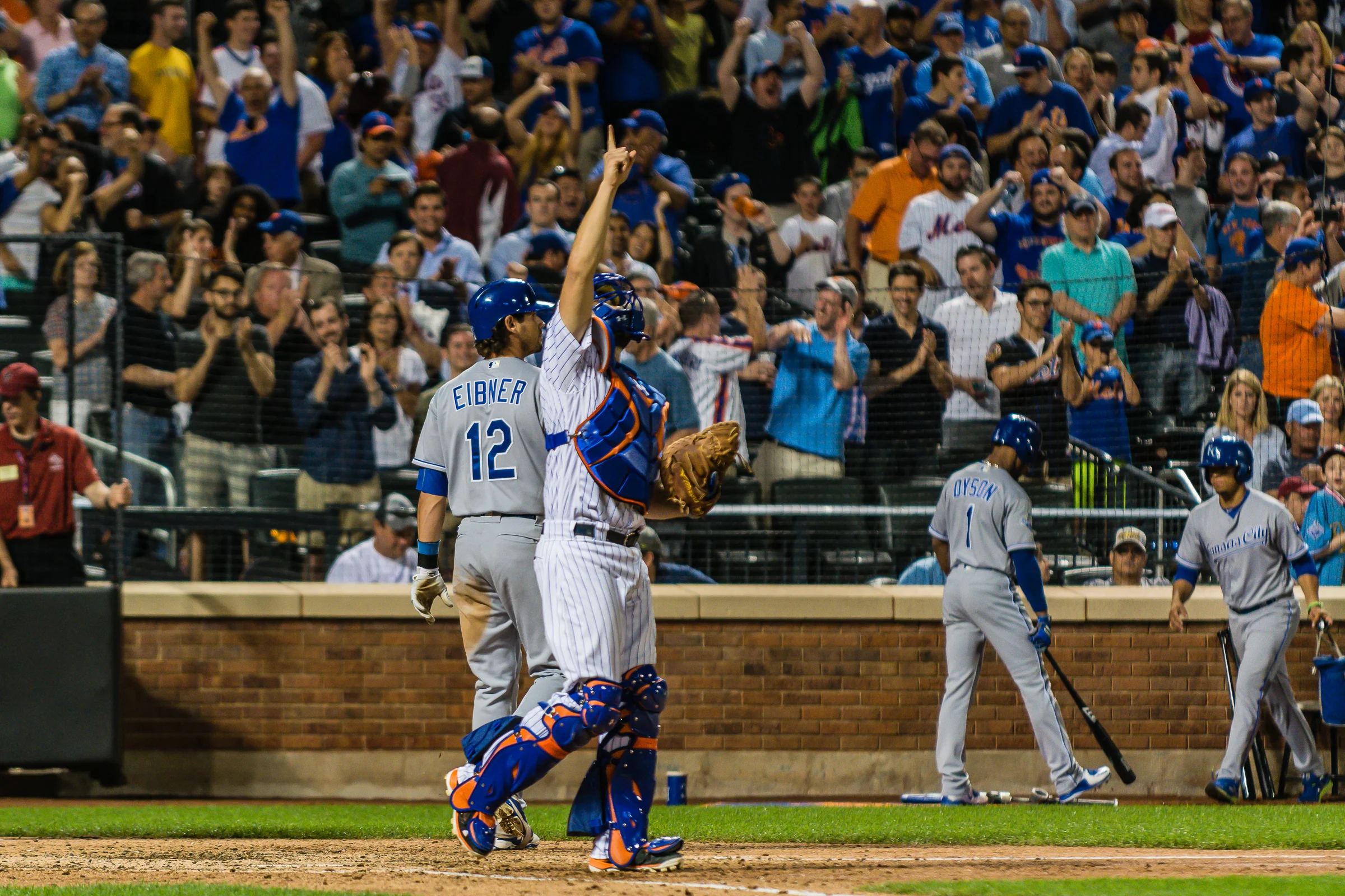 Mets' catcher Travis d'Arnaud celebrates the Mets win on June 21, 2016 after Jeurys Familia seals the 2-1 victory by striking out Royals center fielder Brett Eibner. This was d'Arnaud's first game back from the disabled list.