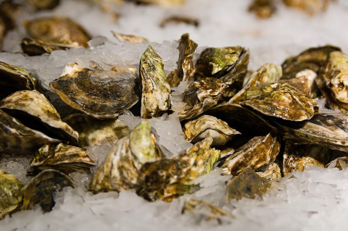 Oysters on ice at The Lobster Place Seafood Market inside the Chelsea Market in Manhattan.