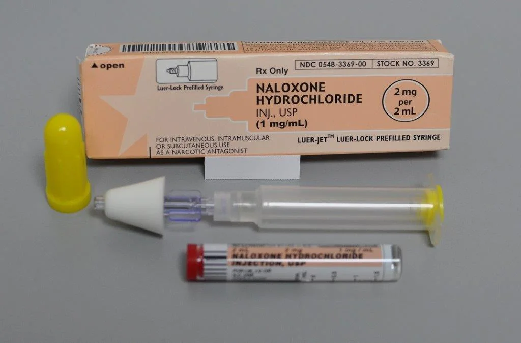 An intranasal Narcan kit used by first responders to revive individuals who have overdosed on opioids. 