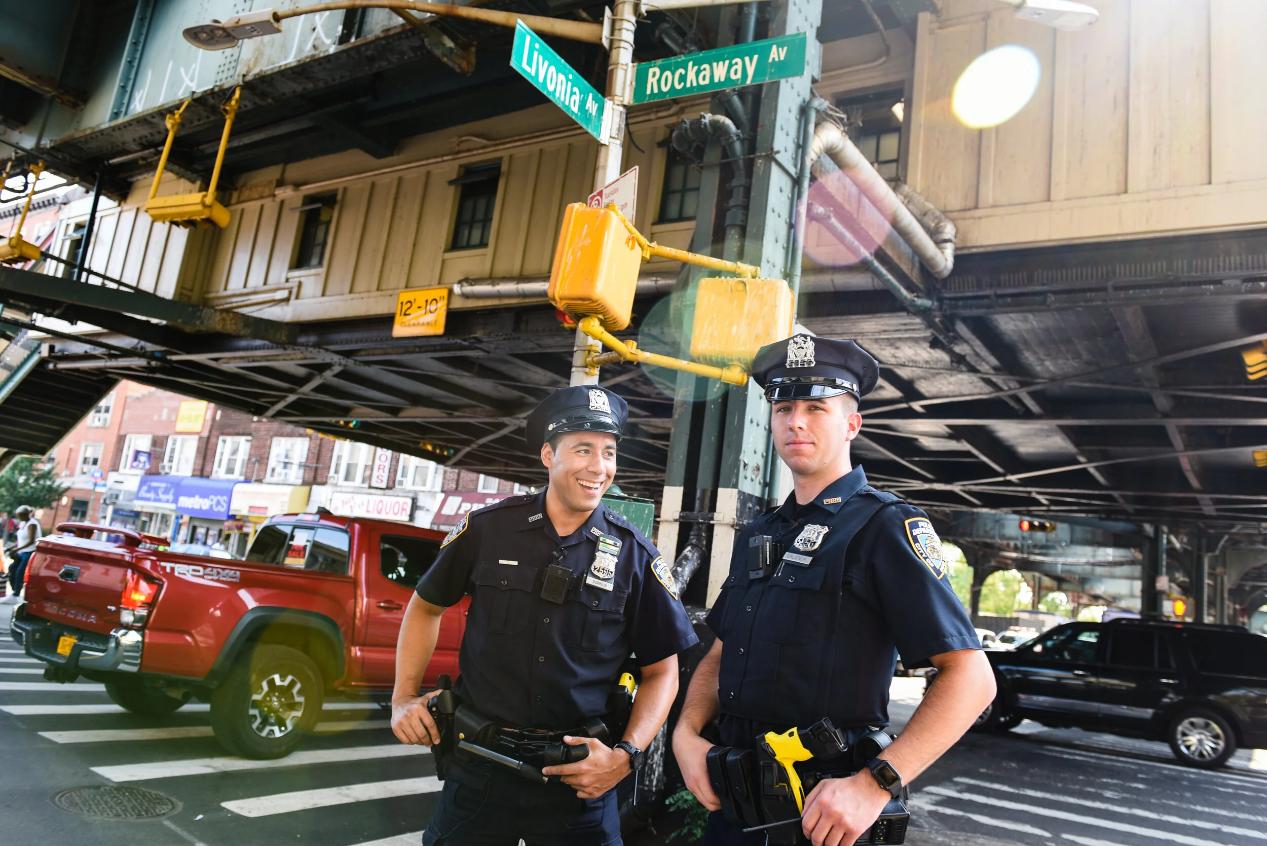  Police officers from Patrol Borough Brooklyn North perform patrol functions at the intersection of Rockaway Avenue and Livonia Avenue on July 26, 2019. 