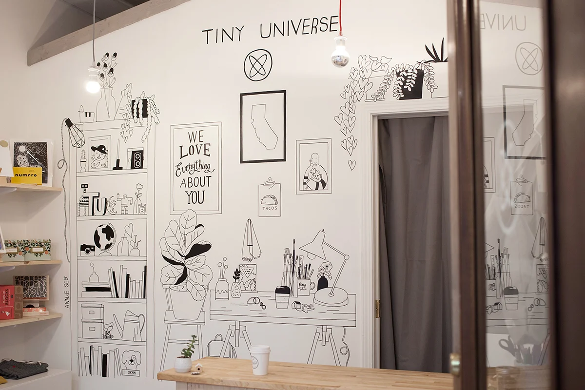 Illustrated wall mural for micro-shop Tiny Universe , 2014.
