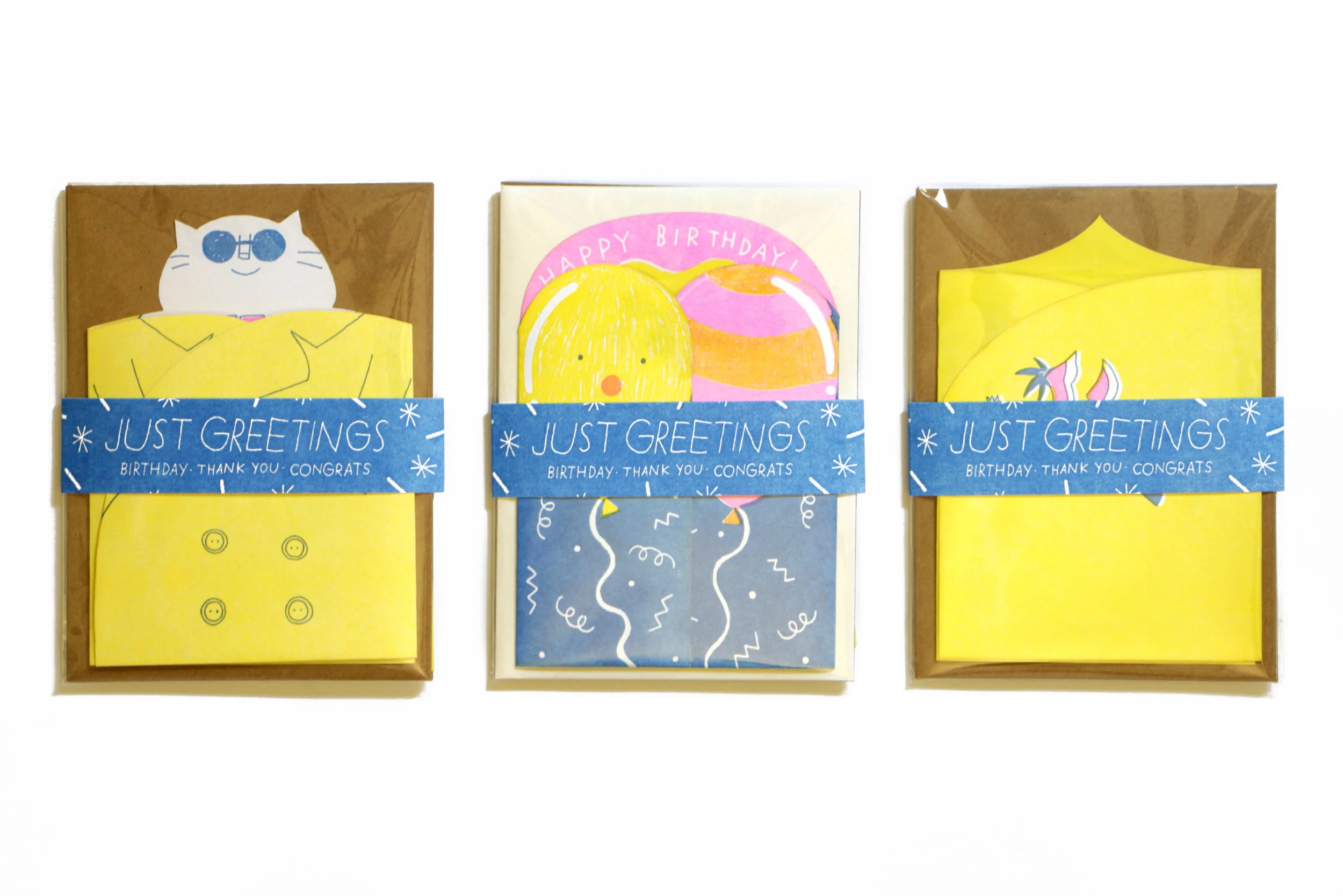 Collaboration with local print shop, Never Press , along with the work of two illustrators. A set of three tri-fold risographed greeting cards, completed with a designed belly band, 2016.