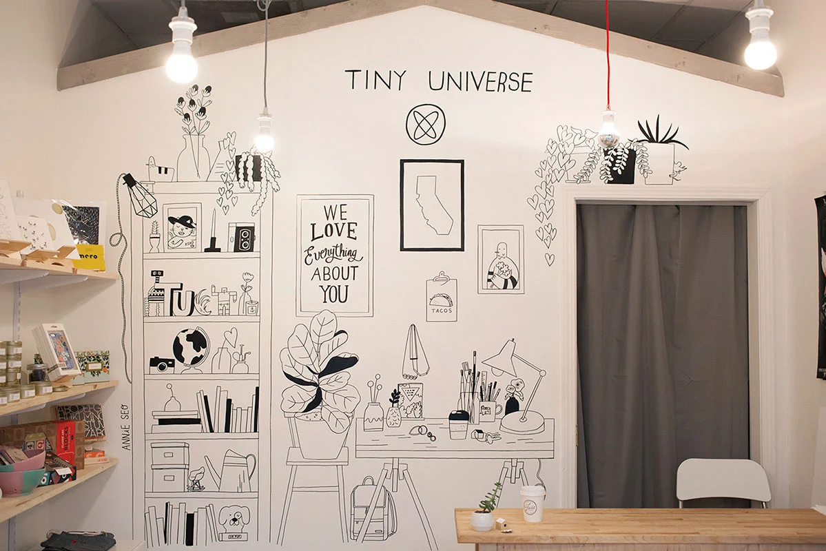 Illustrated wall mural for micro-shop Tiny Universe , 2014.