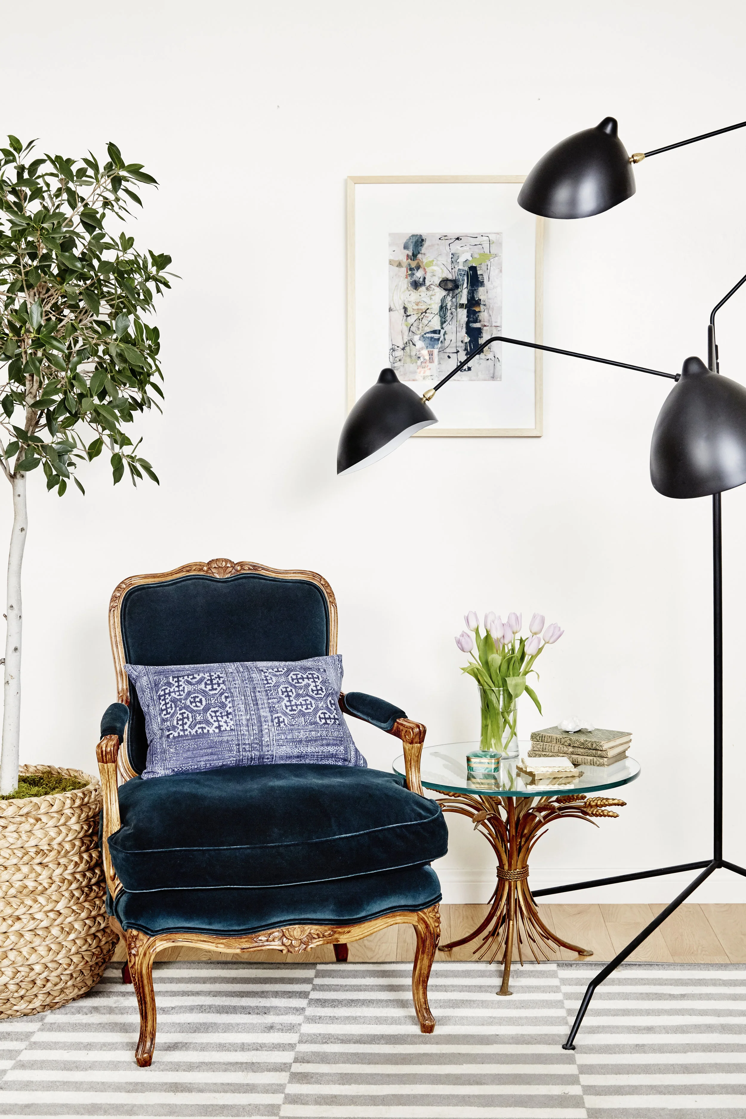 Velvet Louis Chair and Modern Lamp - Liz Foster Interiors