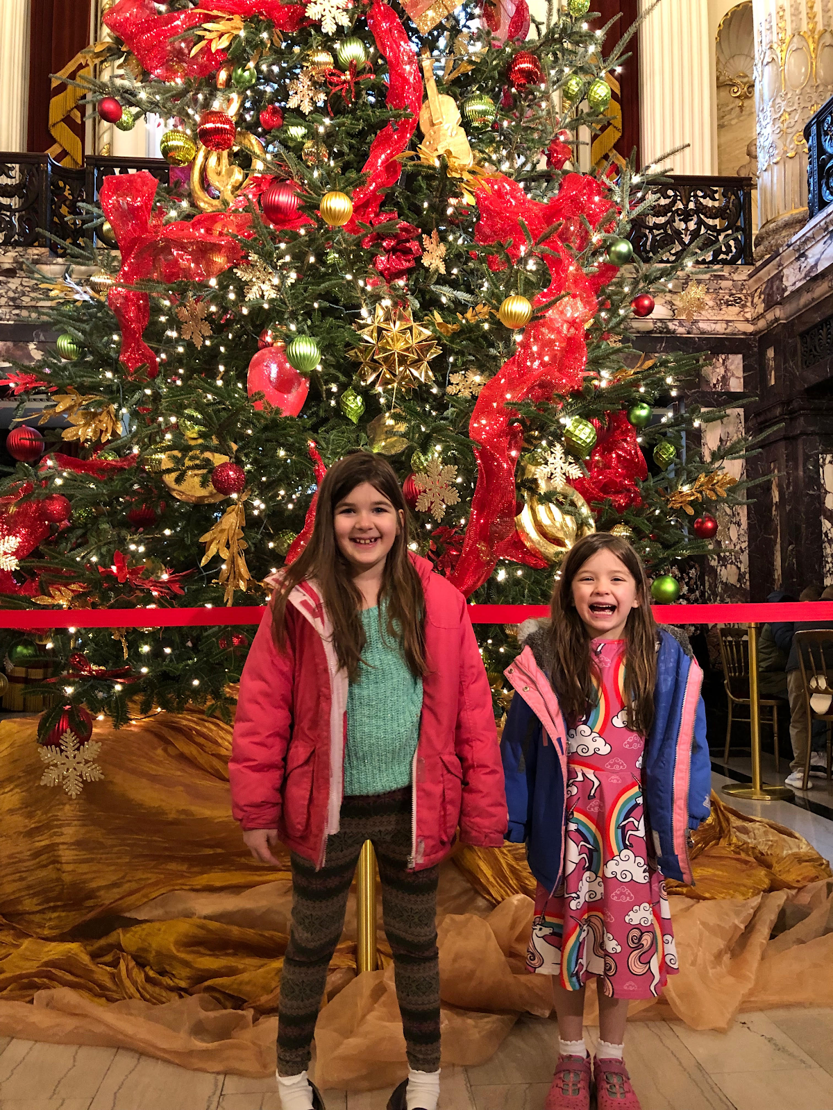 Kids in front of a big Christmas tree